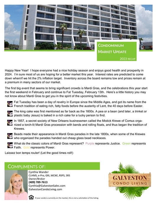 Year End 2023 Galveston Condominium Newsletter first page