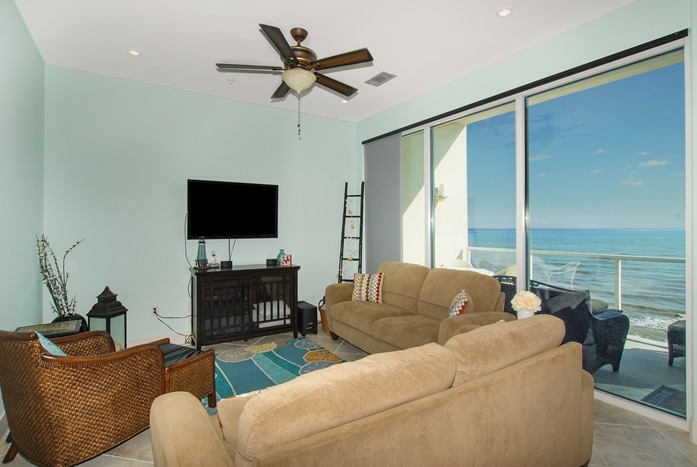 Photo of living room with view of Gulf from 6th Floor of Diamond Beach Condominiums.