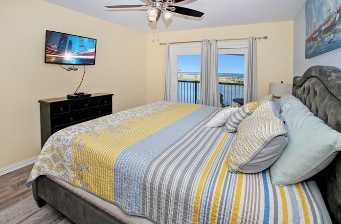 Photo of bedroom with views of Gulf and lagoon from Maravilla Condominiums
