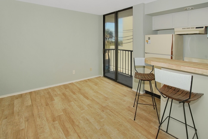 Riviera I Condominiums living and kitchen area of small 1 bedroom floor plan
