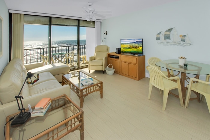Photo of living room with Gulf views from 6th floor of West Beach Grand Condominiums