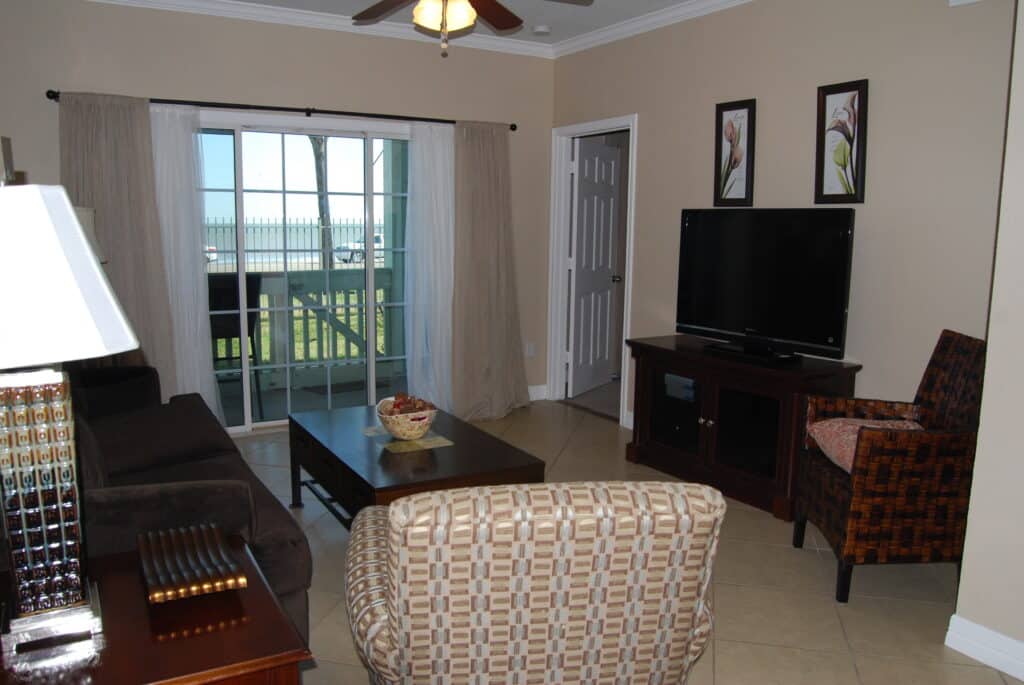 Photo of living room with view of Gulf at Dawn Condominiums